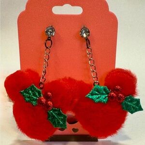 Festive Red Pom Pom Minnie Earrings with Holly Bows